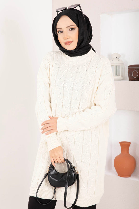 Baklava Örgü Triko Tunik Ekru