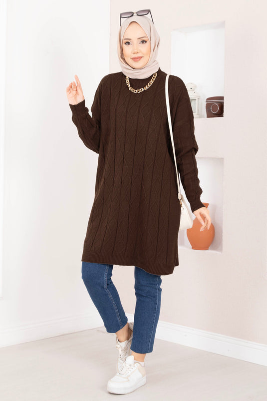 Baklava Knit Pattern Tunic Brown