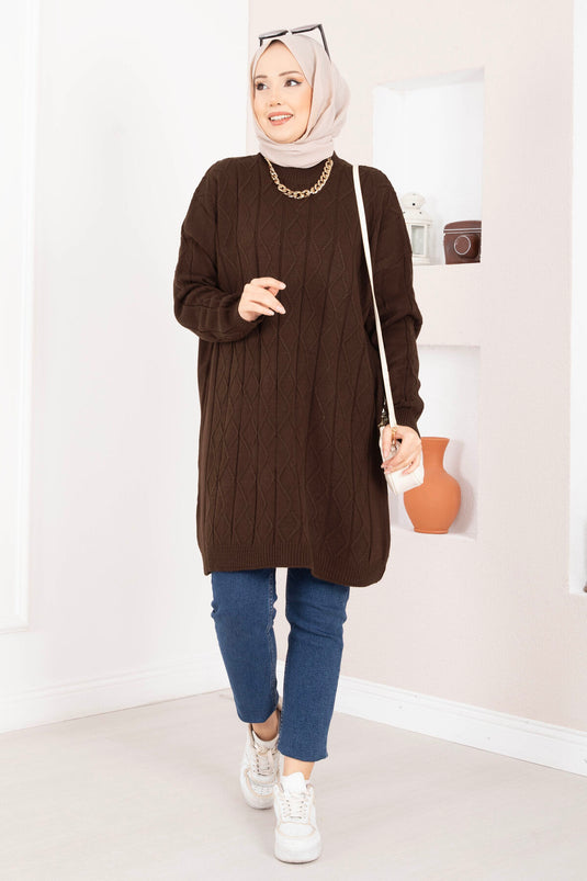 Baklava Örgü Triko Tunik Kahve
