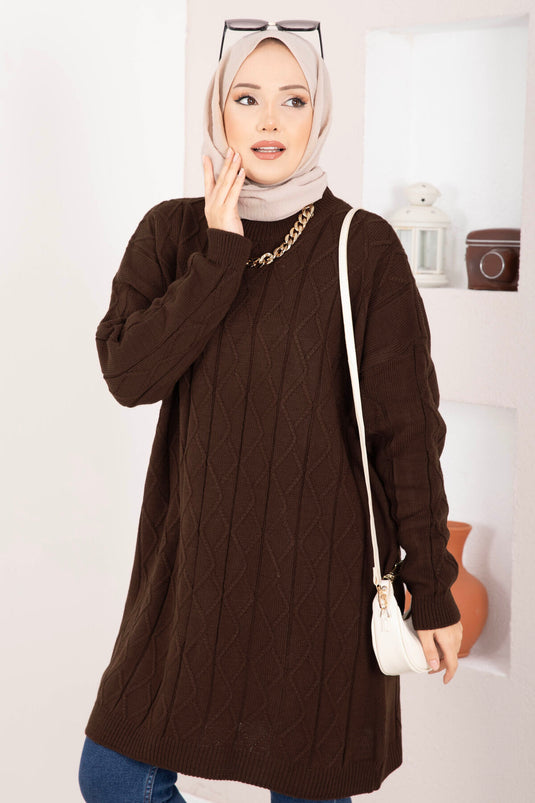 Baklava Örgü Triko Tunik Kahve