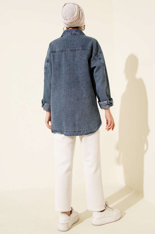 Baklava Patterned Stone-Embellished Denim Jacket Denim Blue