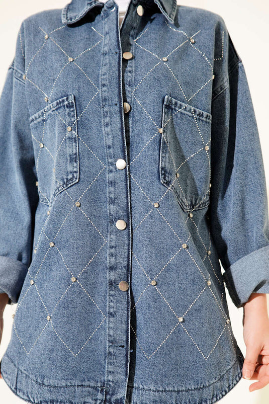 Baklava Patterned Stone-Embellished Denim Jacket Denim Blue