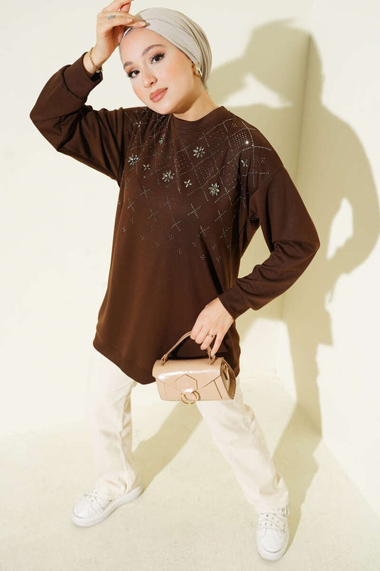 تونيك لويشا مزين بحجر البقلاوة، لون القهوة