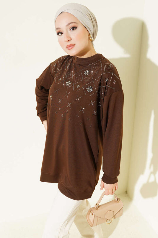تونيك لويشا مزين بحجر البقلاوة، لون القهوة