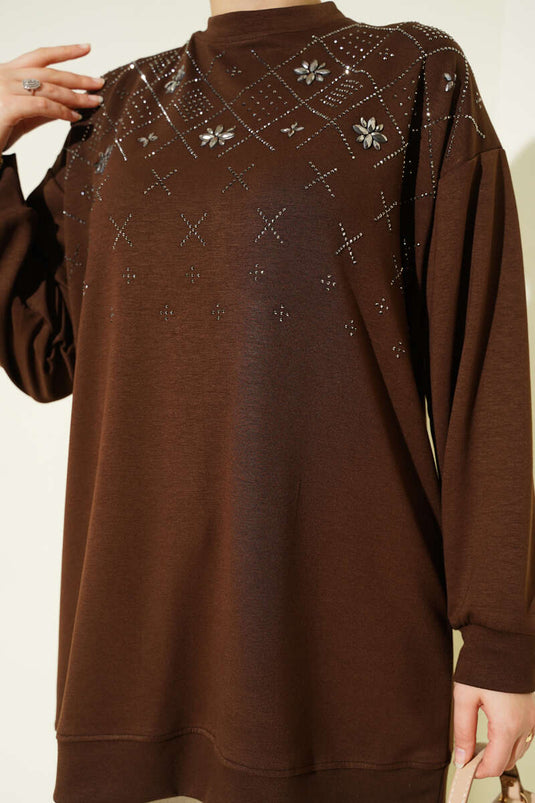 تونيك لويشا مزين بحجر البقلاوة، لون القهوة