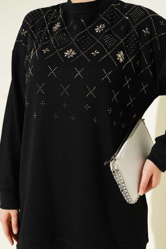 Baklava Taşlı Loyşa Tunik Siyah