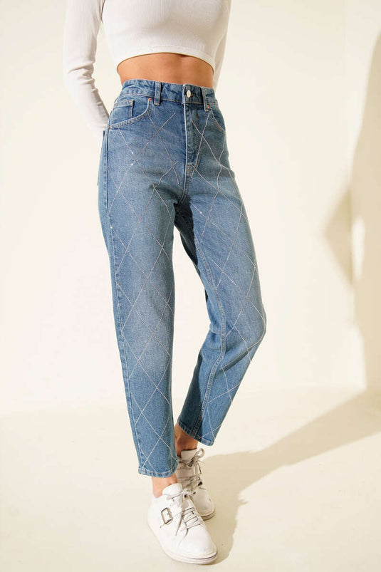 Baklava Taşlı Mom Jeans Pantolon Açık Mavi