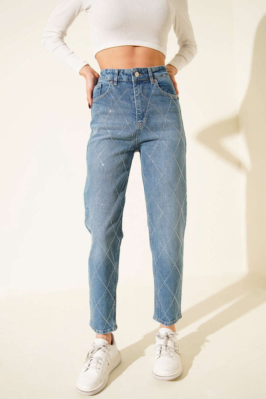 Baklava Taşlı Mom Jeans Pantolon Açık Mavi