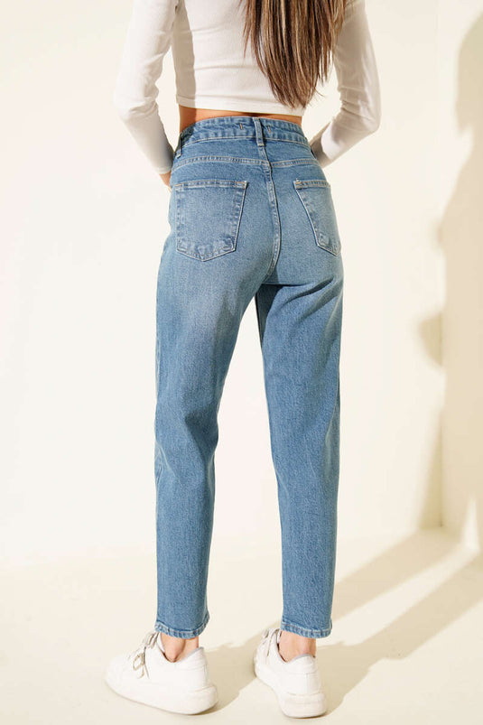 Baklava Taşlı Mom Jeans Pantolon Açık Mavi