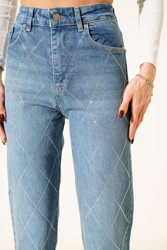 Baklava Taşlı Mom Jeans Pantolon Açık Mavi