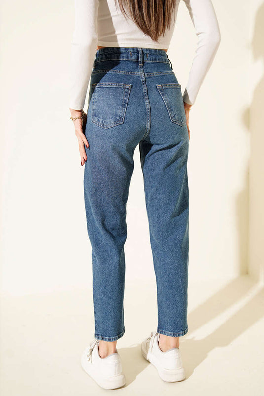 Jean Mom à pierres Baklava bleu