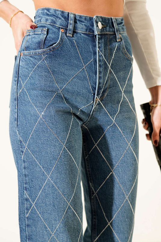 Jean Mom à pierres Baklava bleu