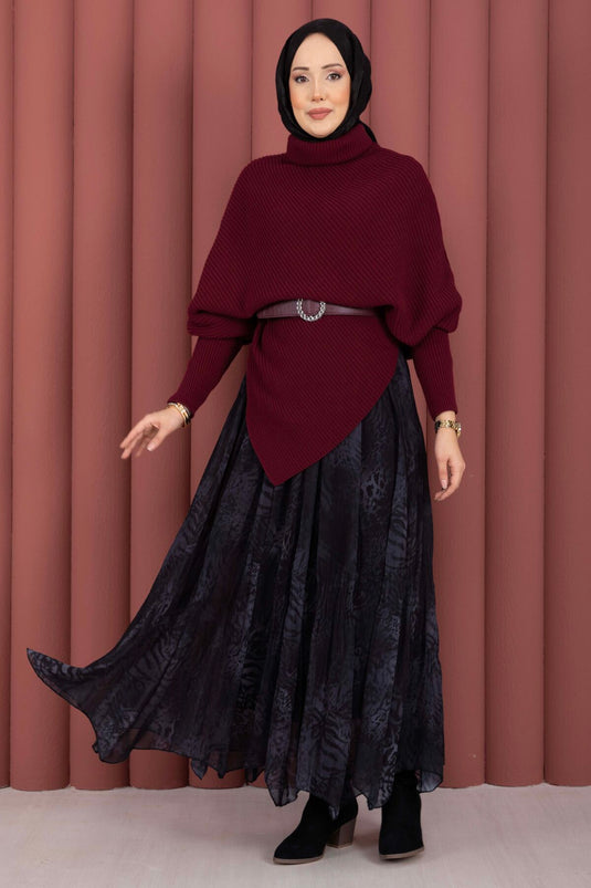 Maglione asimmetrico a collo da pescatore in maglia bordeaux