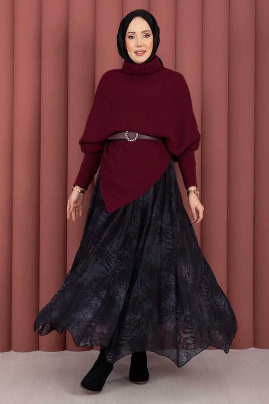 Balıkçı Yaka Asimetrik Triko Kazak Bordo