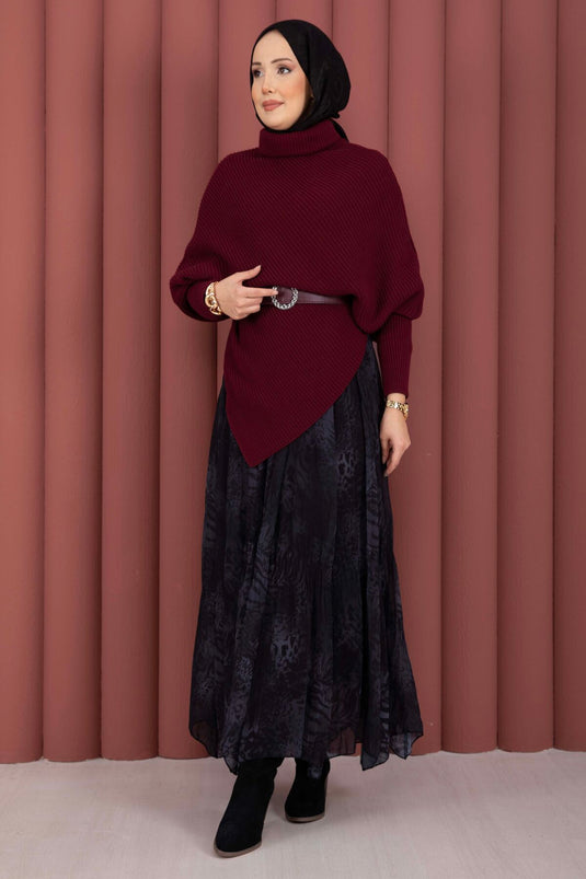 Maglione asimmetrico a collo da pescatore in maglia bordeaux