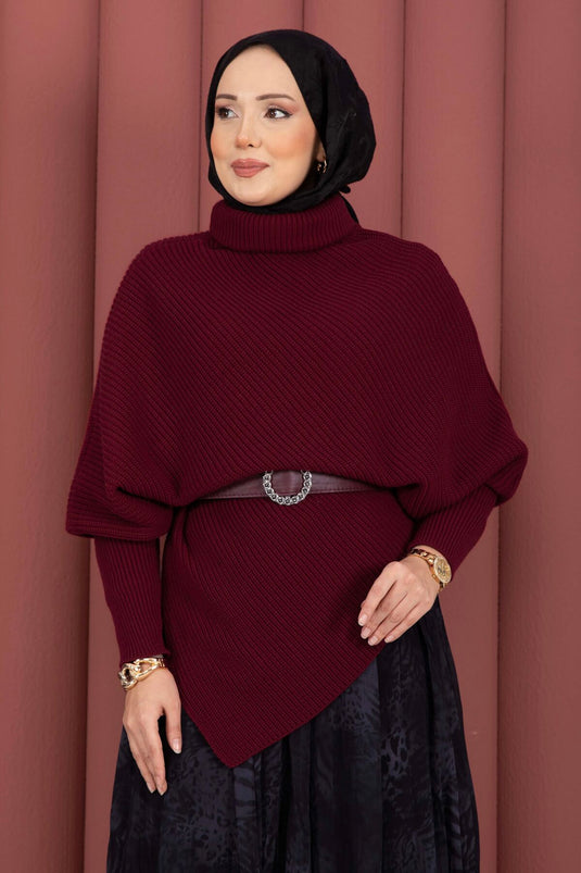 Maglione asimmetrico a collo da pescatore in maglia bordeaux