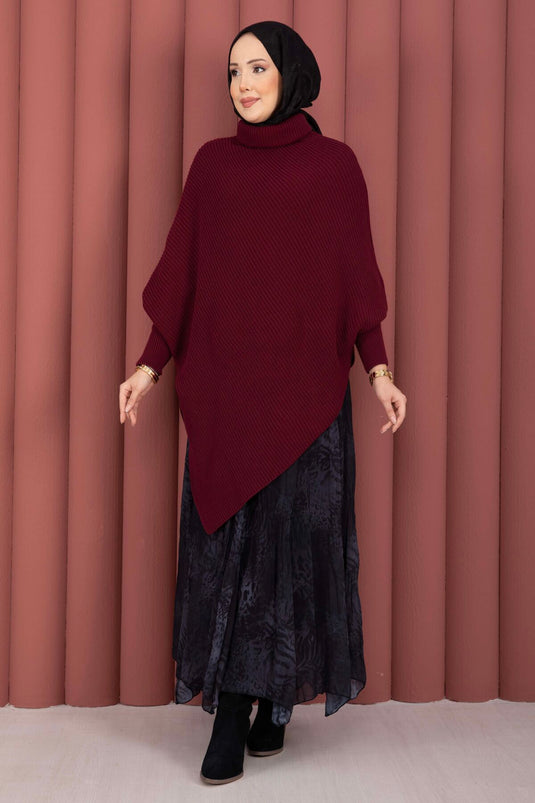 Maglione asimmetrico a collo da pescatore in maglia bordeaux