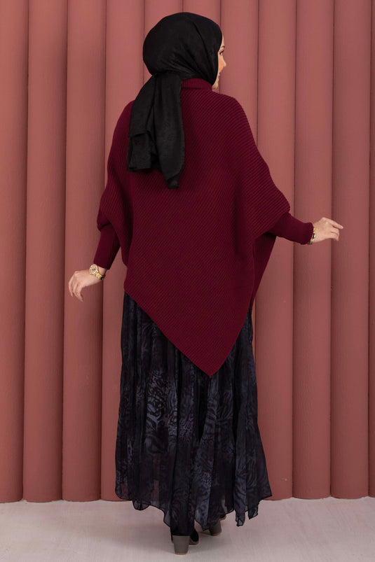 Maglione asimmetrico a collo da pescatore in maglia bordeaux