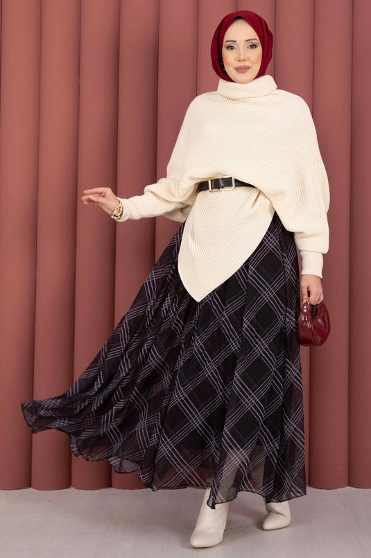 Balıkçı Yaka Asimetrik Triko Kazak Ekru