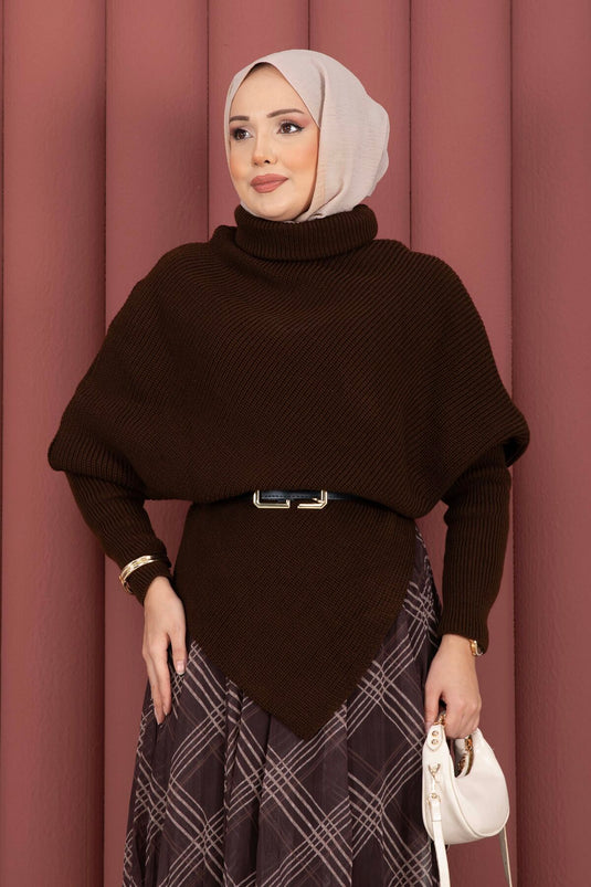 Balıkçı Yaka Asimetrik Triko Kazak Kahve