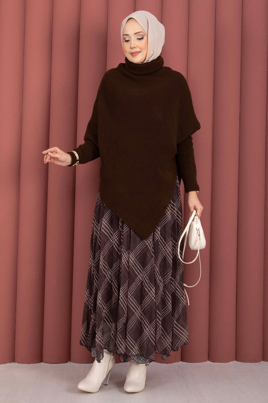 Balıkçı Yaka Asimetrik Triko Kazak Kahve