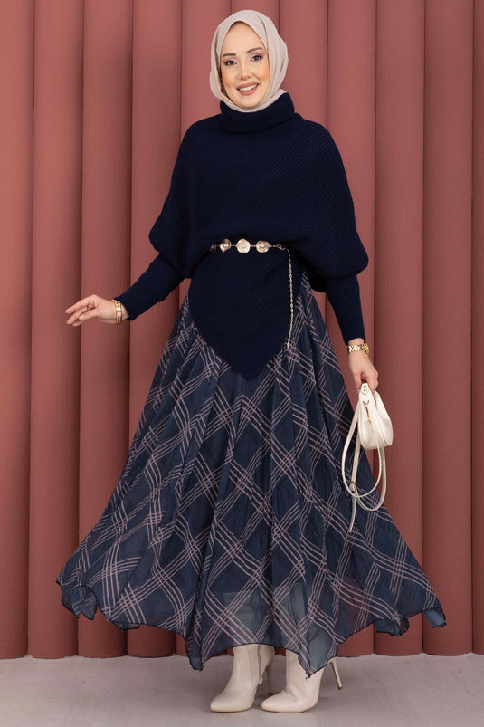 Fisherman Collar Asymmetric Knitted Sweater Navy Blue