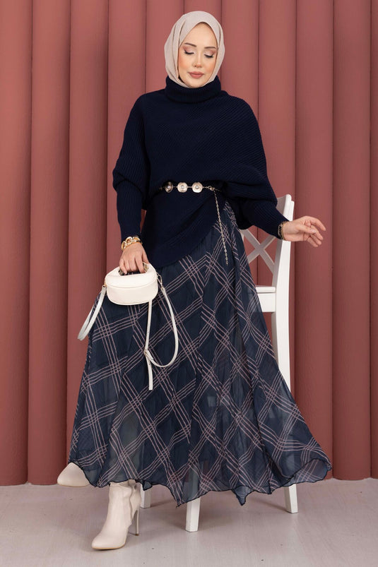 Fisherman Collar Asymmetric Knitted Sweater Navy Blue