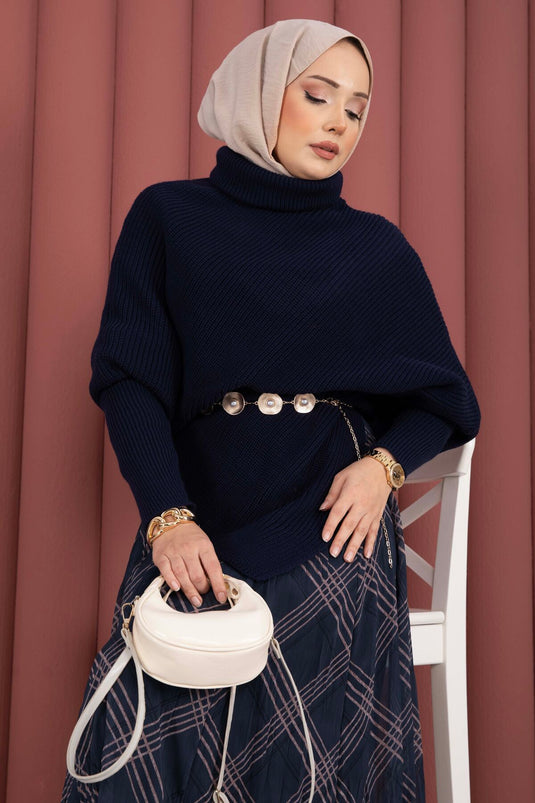 Balıkçı Yaka Asimetrik Triko Kazak Lacivert