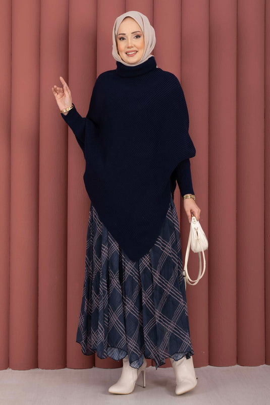 Balıkçı Yaka Asimetrik Triko Kazak Lacivert