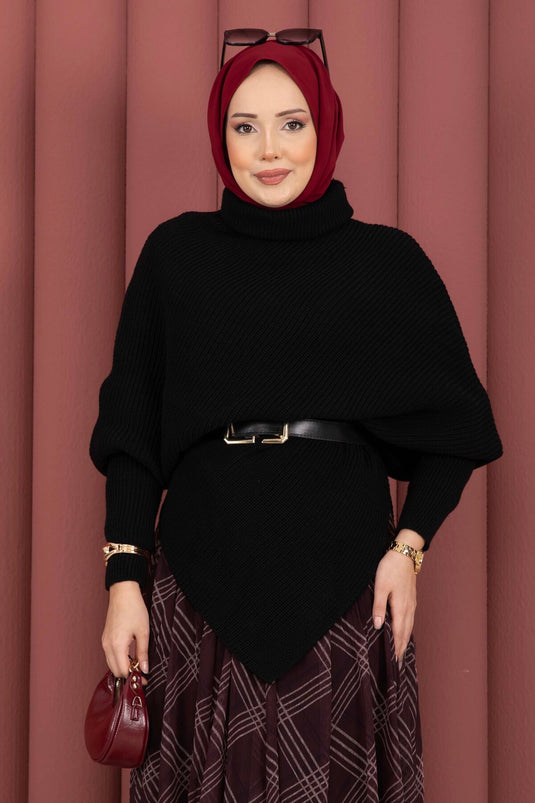 Balıkçı Yaka Asimetrik Triko Kazak Siyah