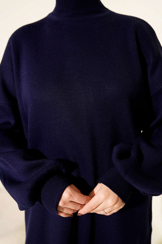 Marineblaue Rundhals-Knit-Tunika Mit Ballonärmeln