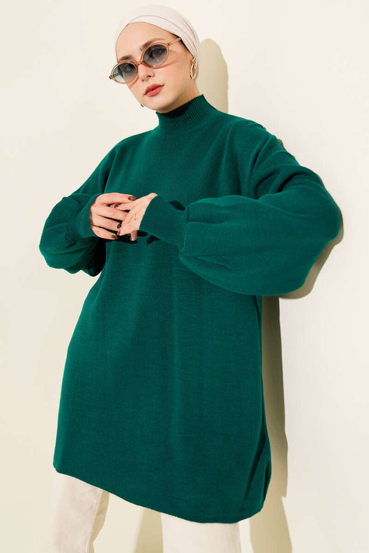 Turtleneck Balloon Sleeve Knitted Tunic, Navy Blue