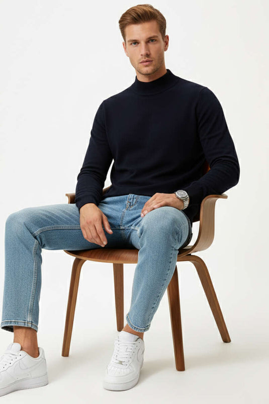 Maglione dolcevita da uomo in maglia blu navy