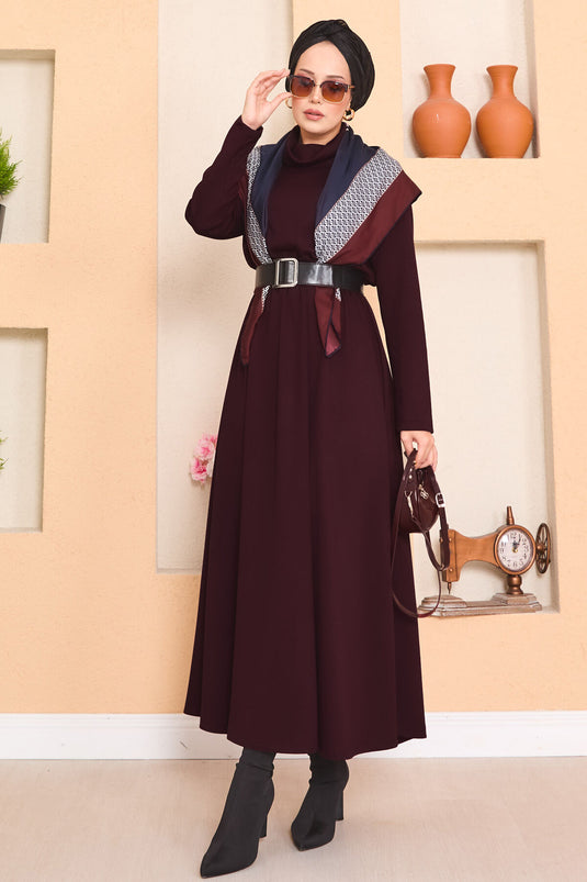 Robe hijab à col roulé et taille plissée bordeaux