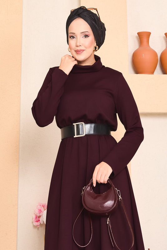 Robe hijab à col roulé et taille plissée bordeaux