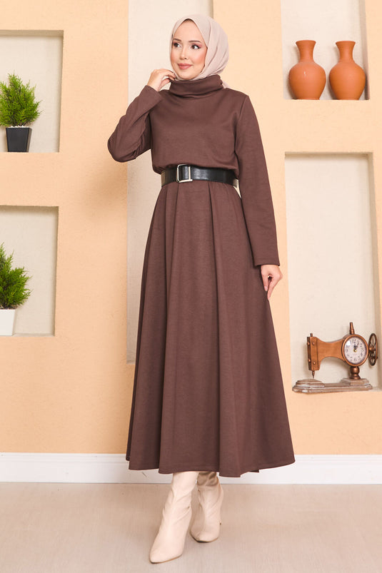 Balıkçı Yaka Beli Büzgülü Tesettür Elbise Kahve