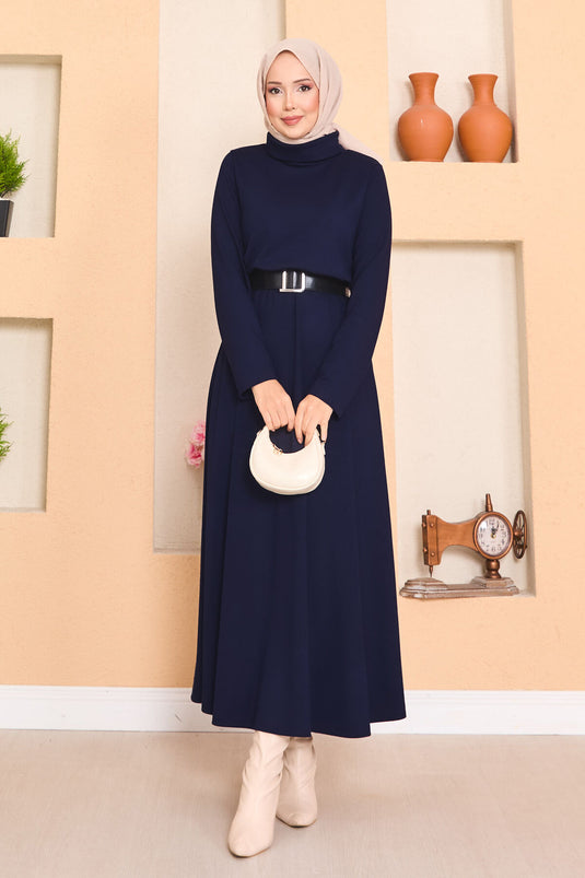 Robe hijab à col roulé et taille plissée bleu marine