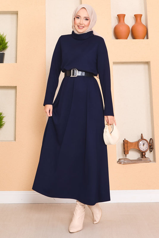 Turtleneck Pleated Waist Hijab Dress Navy Blue