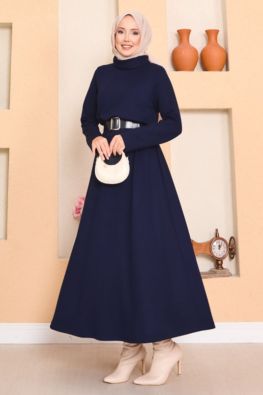 Turtleneck Pleated Waist Hijab Dress Navy Blue