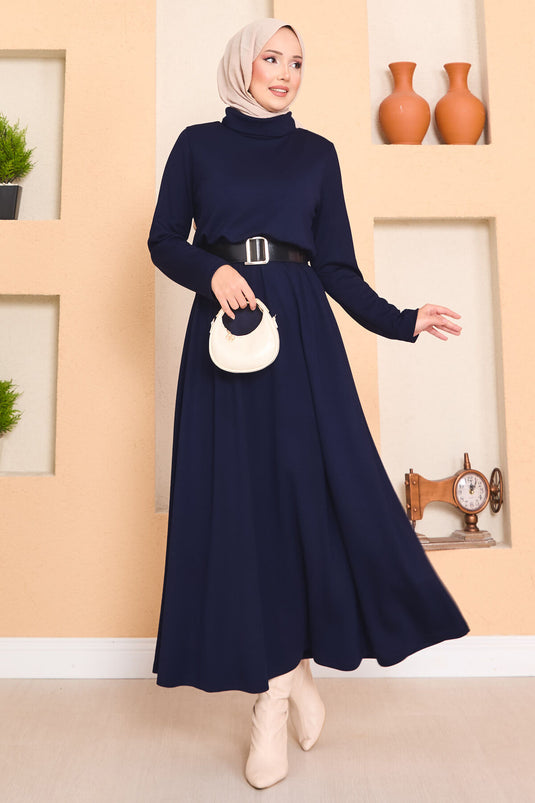 Turtleneck Pleated Waist Hijab Dress Navy Blue