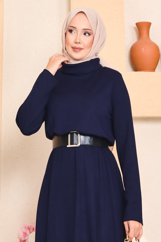 Robe hijab à col roulé et taille plissée bleu marine