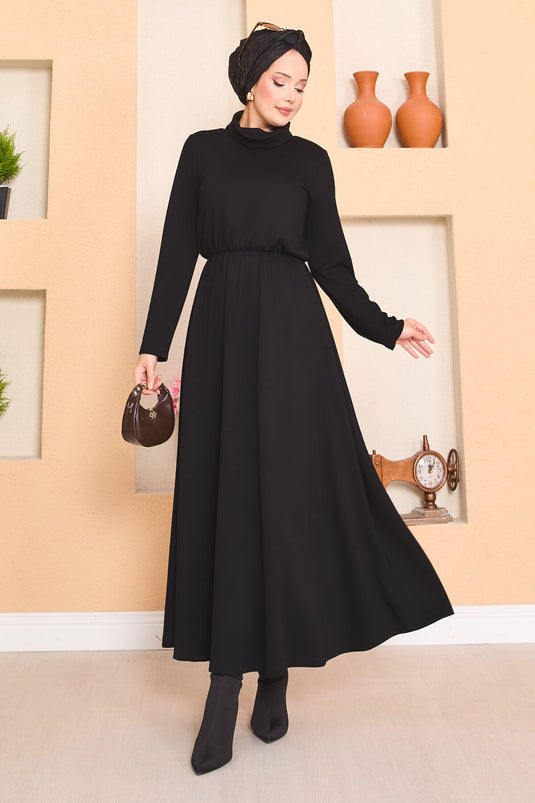 Turtleneck Pleated Waist Hijab Dress Black