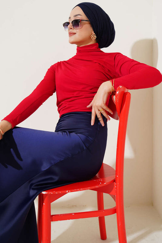 Balıkçı Yaka Büzgülü Bluz Kırmızı