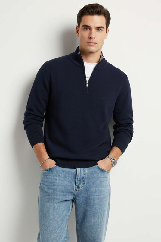 Pull en maille à col roulé zippé pour homme, bleu marine