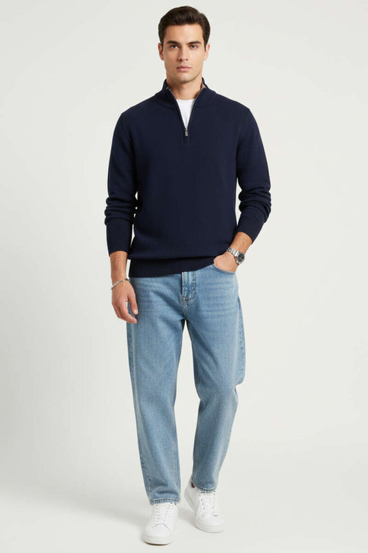 Pull en maille à col roulé zippé pour homme, bleu marine