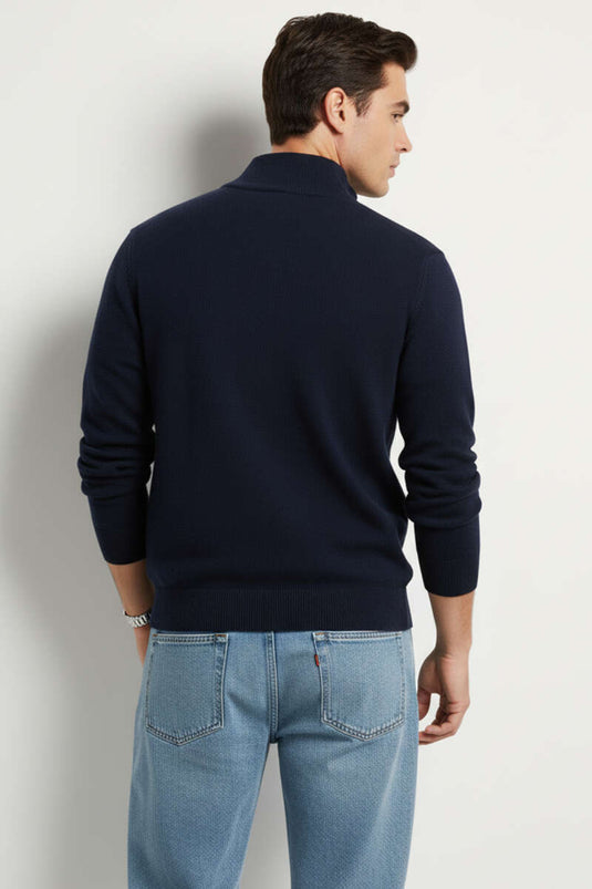 Pull en maille à col roulé zippé pour homme, bleu marine