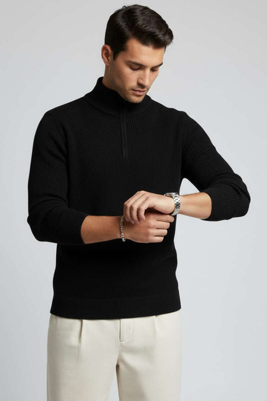Pull en maille à col marin et fermeture éclair pour homme, noir