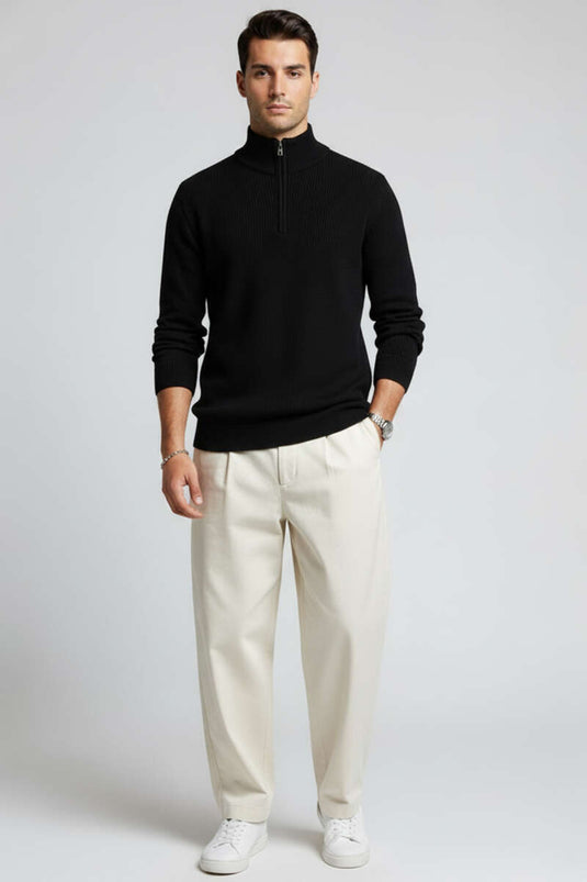 Pull en maille à col marin et fermeture éclair pour homme, noir