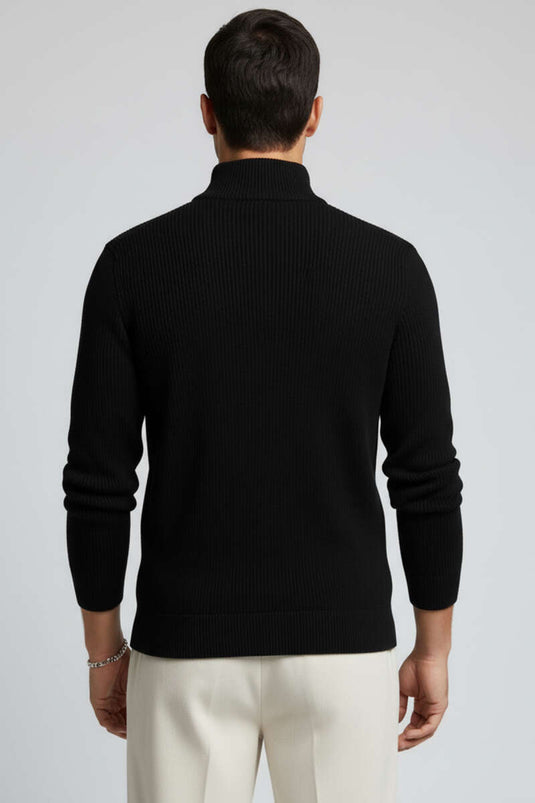 Pull en maille à col marin et fermeture éclair pour homme, noir