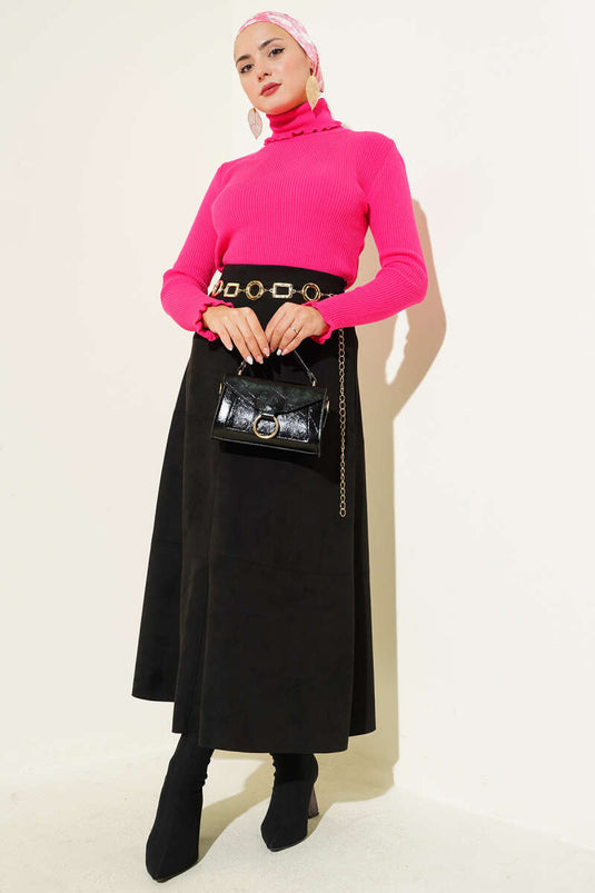 سترة محبوكة بياقة مدورة وكشكشة وردية